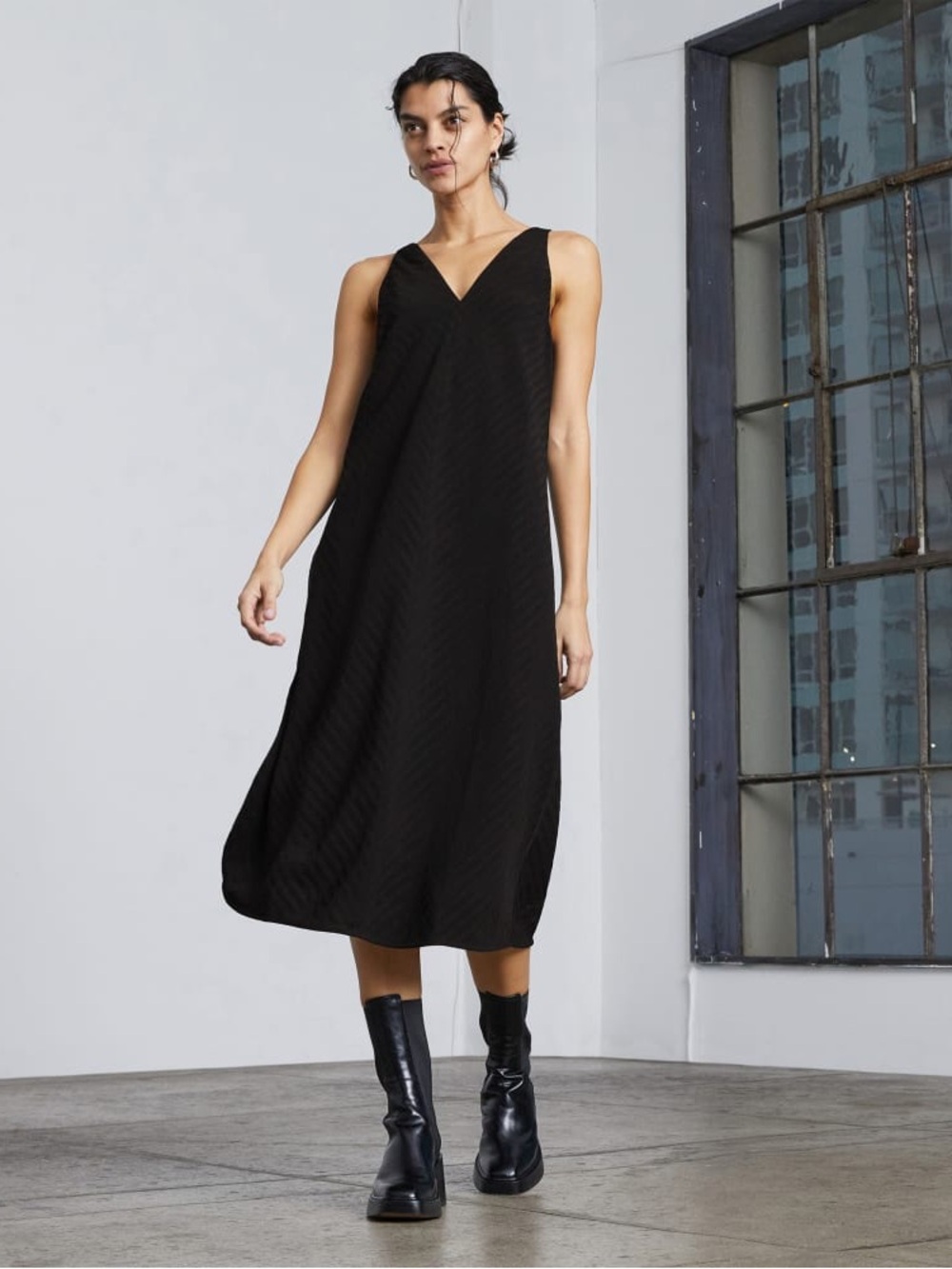 Everlane The City Stripe Black Midi Sleeveless Dress 0 Formal Elegant Classic